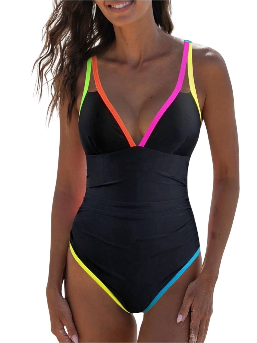 POPVIL black Neon Color Block Tummy Control One-Piece Swimsuit flattering NWT S